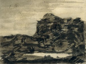 岩山の麓の湖（紙に黒、灰色、茶色のウォッシュが付いた鉛筆）